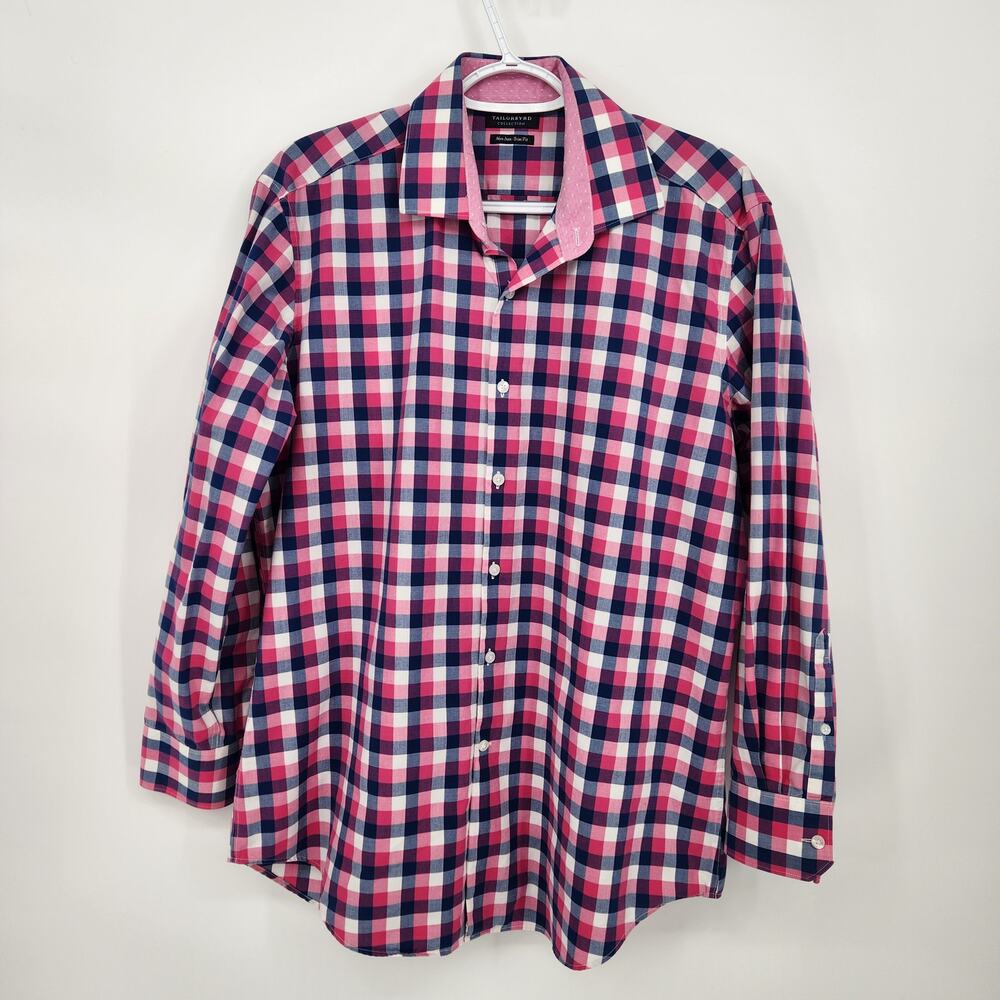 Tailor Byrd Collection Pink Blue Checked Non-Iron Trim-Fit Button Down Men 16‎